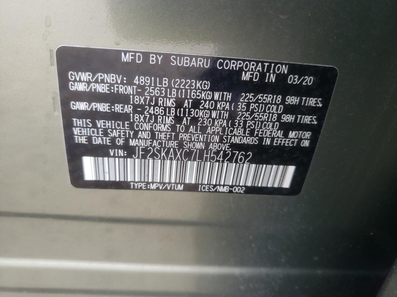 2020 Subaru Forester Touring VIN: JF2SKAXC7LH542762 Lot: 62489474