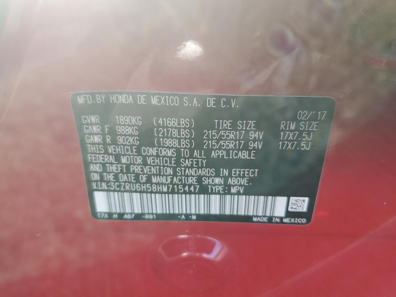 3CZRU6H58HM715447 2017 Honda Hr-V Ex