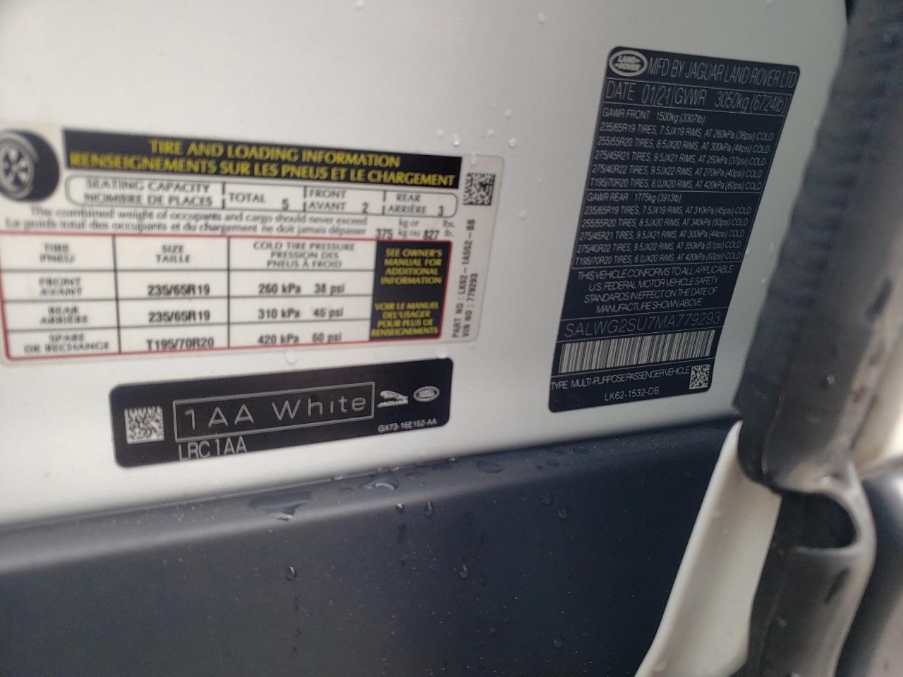 2021 Land Rover Range Rover Sport Se VIN: SALWG2SU7MA779293 Lot: 63345714