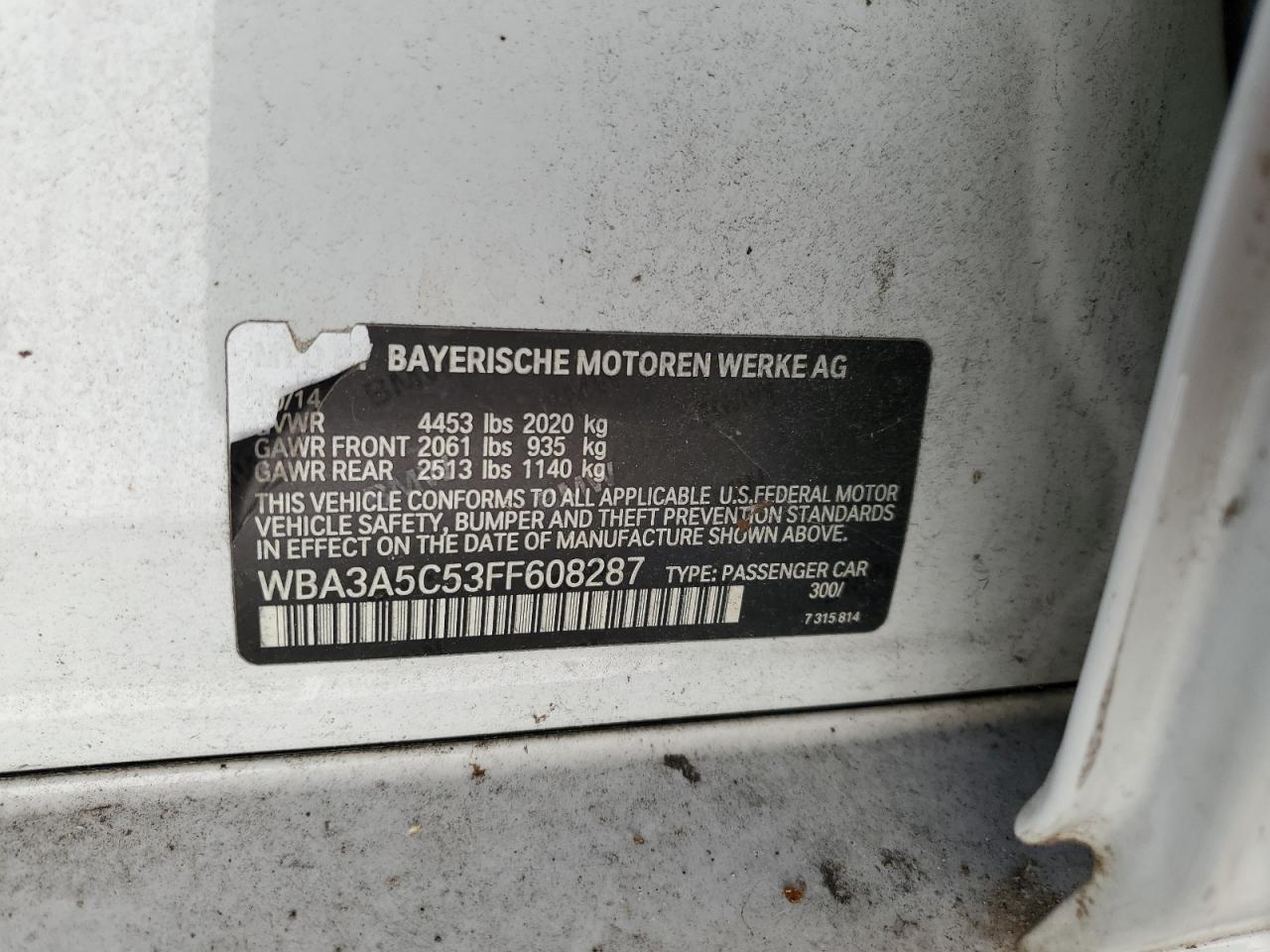 2015 BMW 328 I VIN: WBA3A5C53FF608287 Lot: 63232104