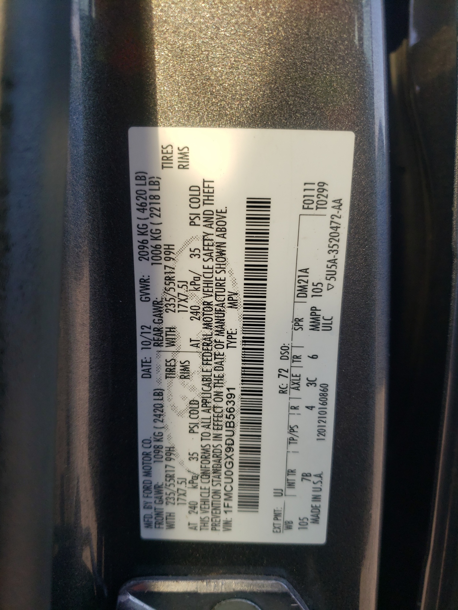 1FMCU0GX9DUB56391 2013 Ford Escape Se