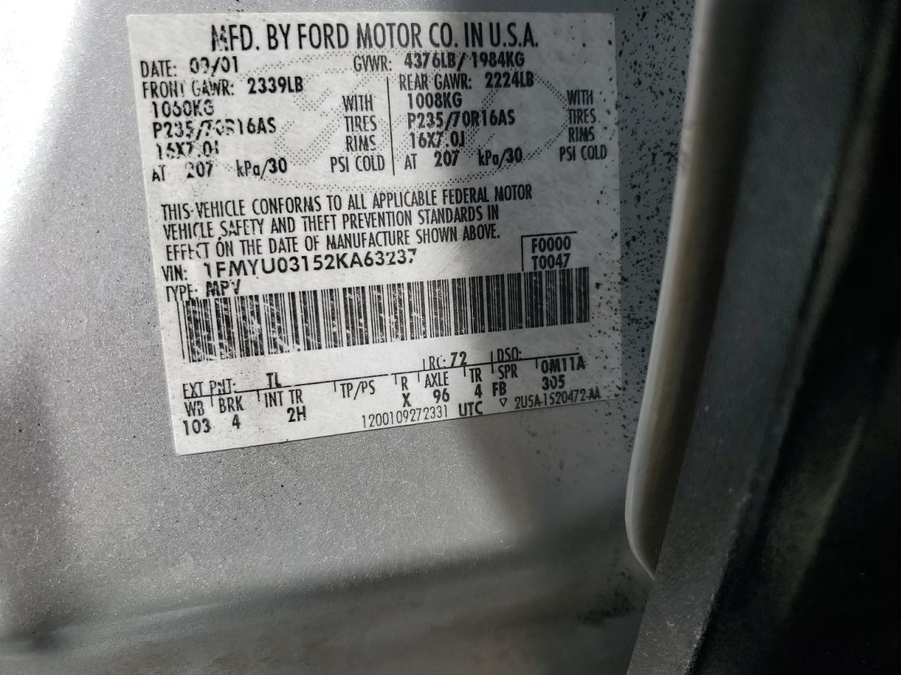 2002 Ford Escape Xlt VIN: 1FMYU03152KA63237 Lot: 64988594