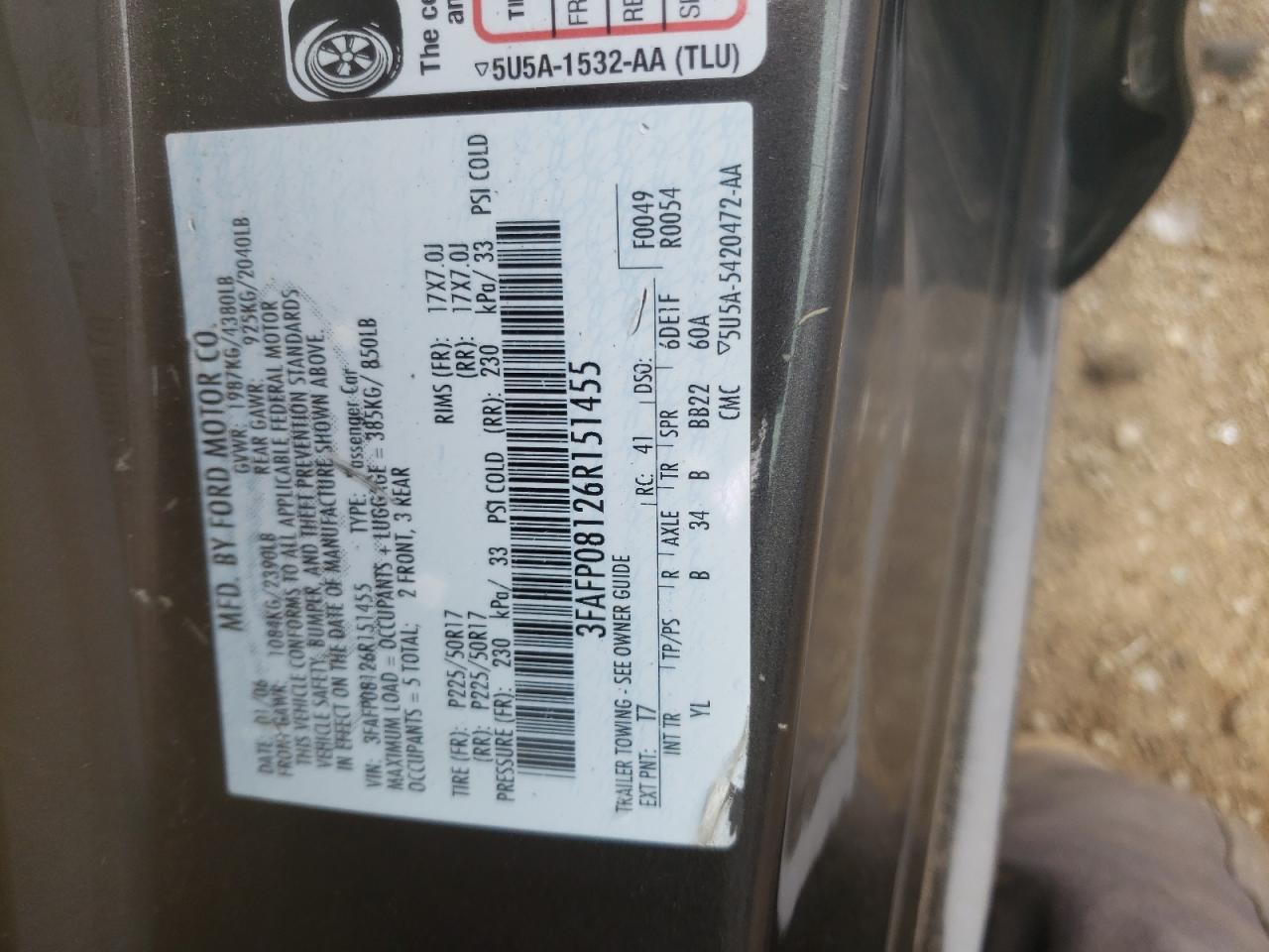 2006 Ford Fusion Sel VIN: 3FAFP08126R151455 Lot: 62062924