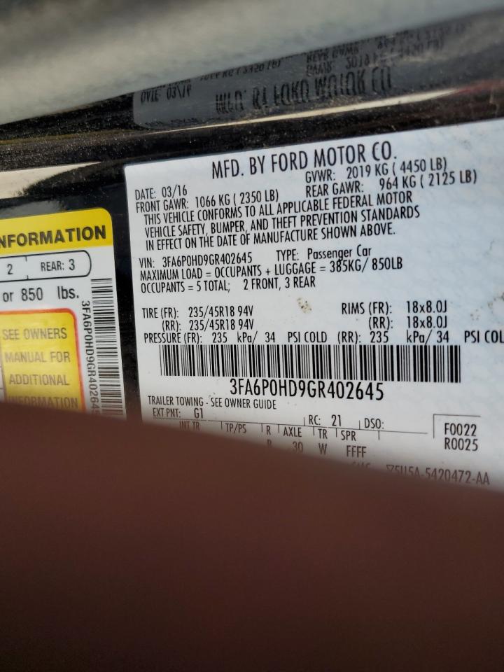 2016 Ford Fusion Se VIN: 3FA6P0HD9GR402645 Lot: 62605964