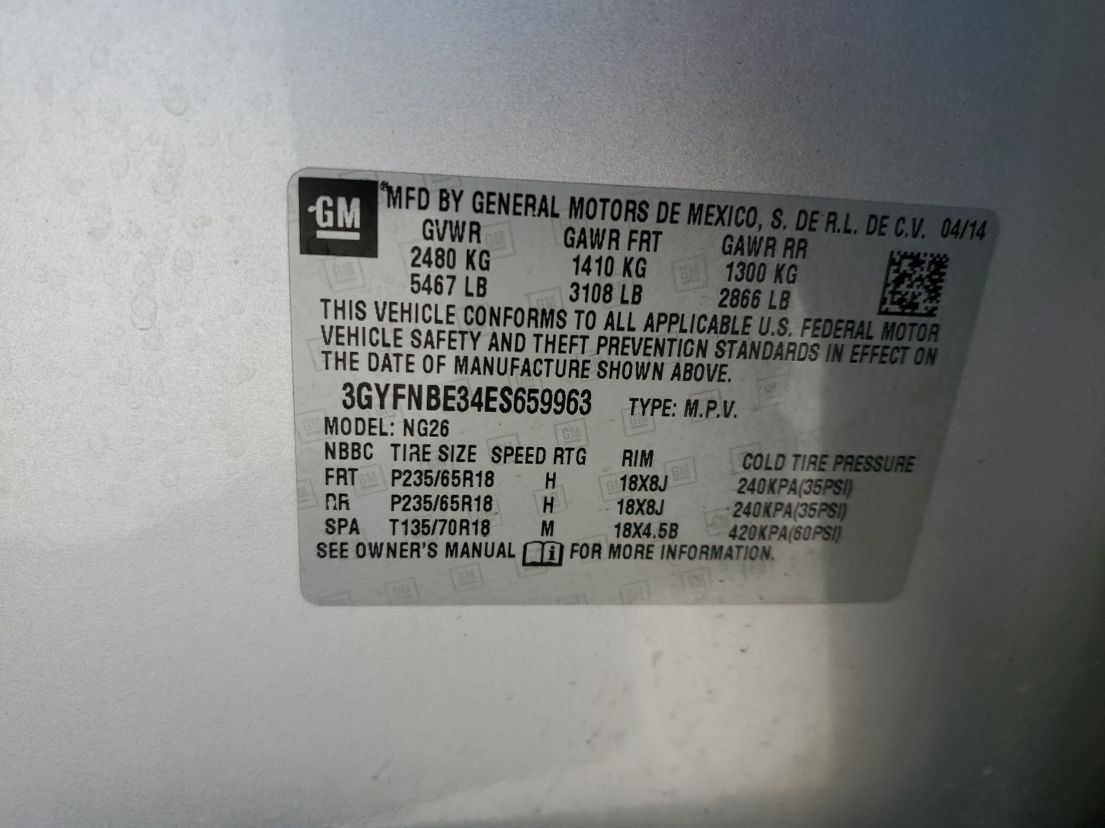 3GYFNBE34ES659963 2014 Cadillac Srx Luxury Collection