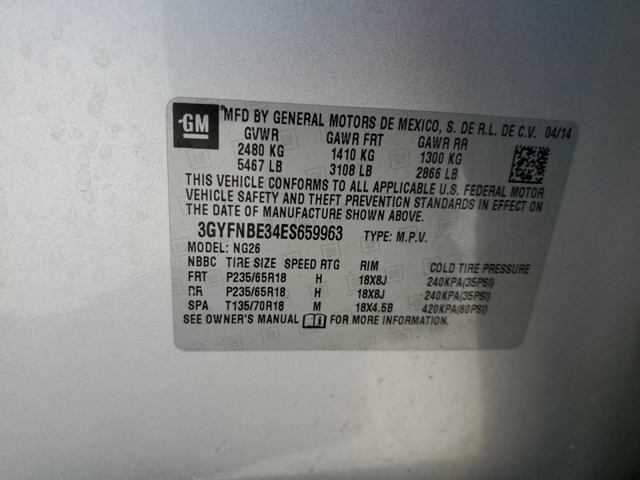 2014 Cadillac Srx Luxury Collection VIN: 3GYFNBE34ES659963 Lot: 62933354