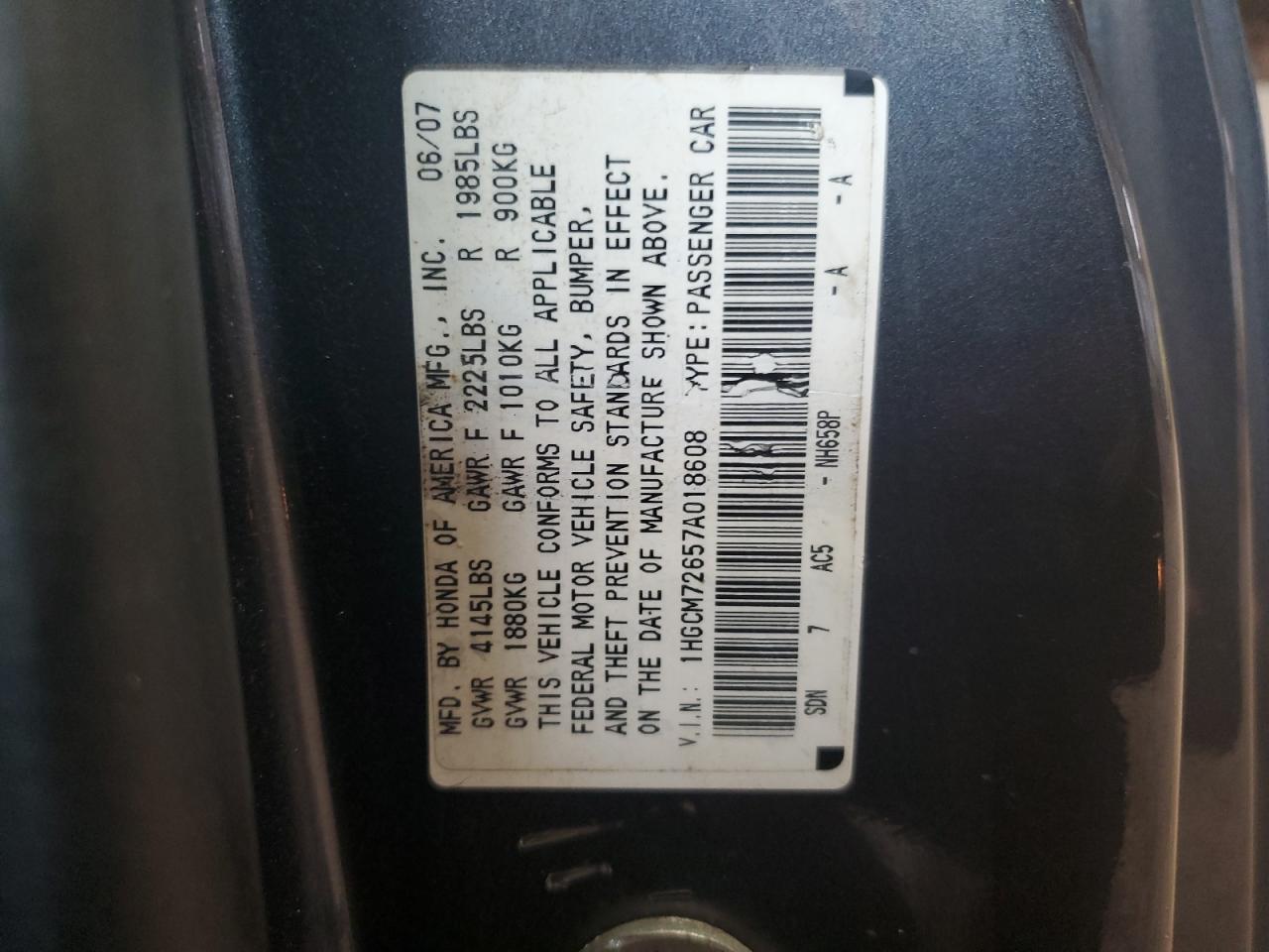 1HGCM72657A018608 2007 Honda Accord Ex