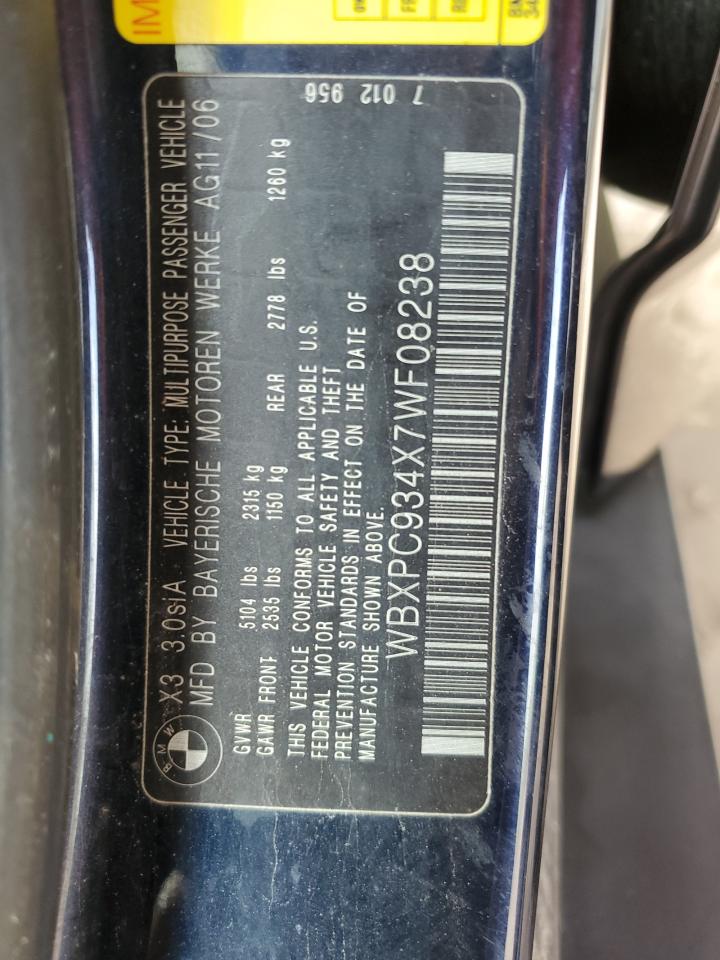 2007 BMW X3 3.0Si VIN: WBXPC934X7WF08238 Lot: 65294404