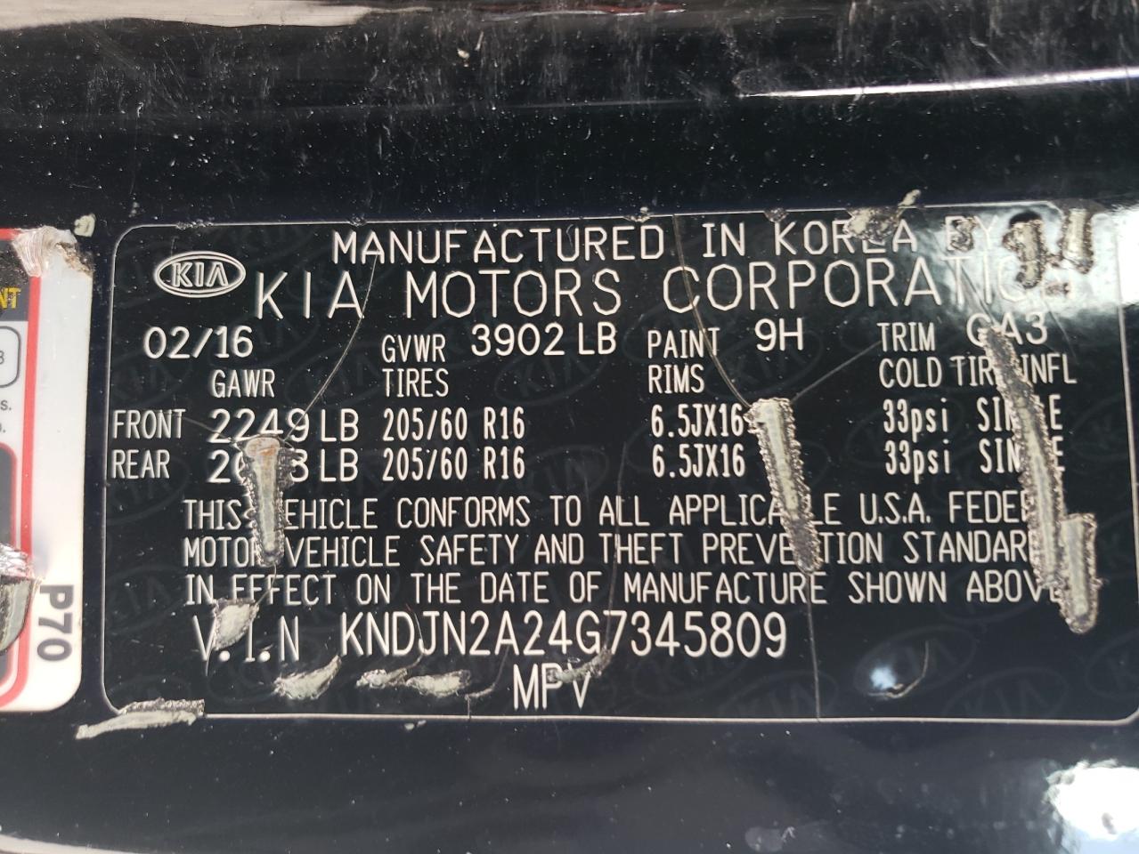 2016 Kia Soul VIN: KNDJN2A24G7345809 Lot: 64148244