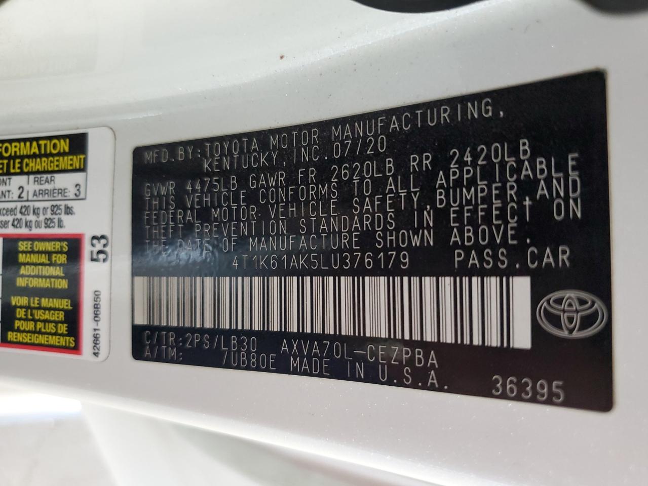 4T1K61AK5LU376179 2020 Toyota Camry Xse