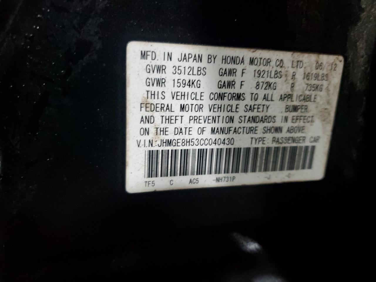 JHMGE8H53CC040430 2012 Honda Fit Sport