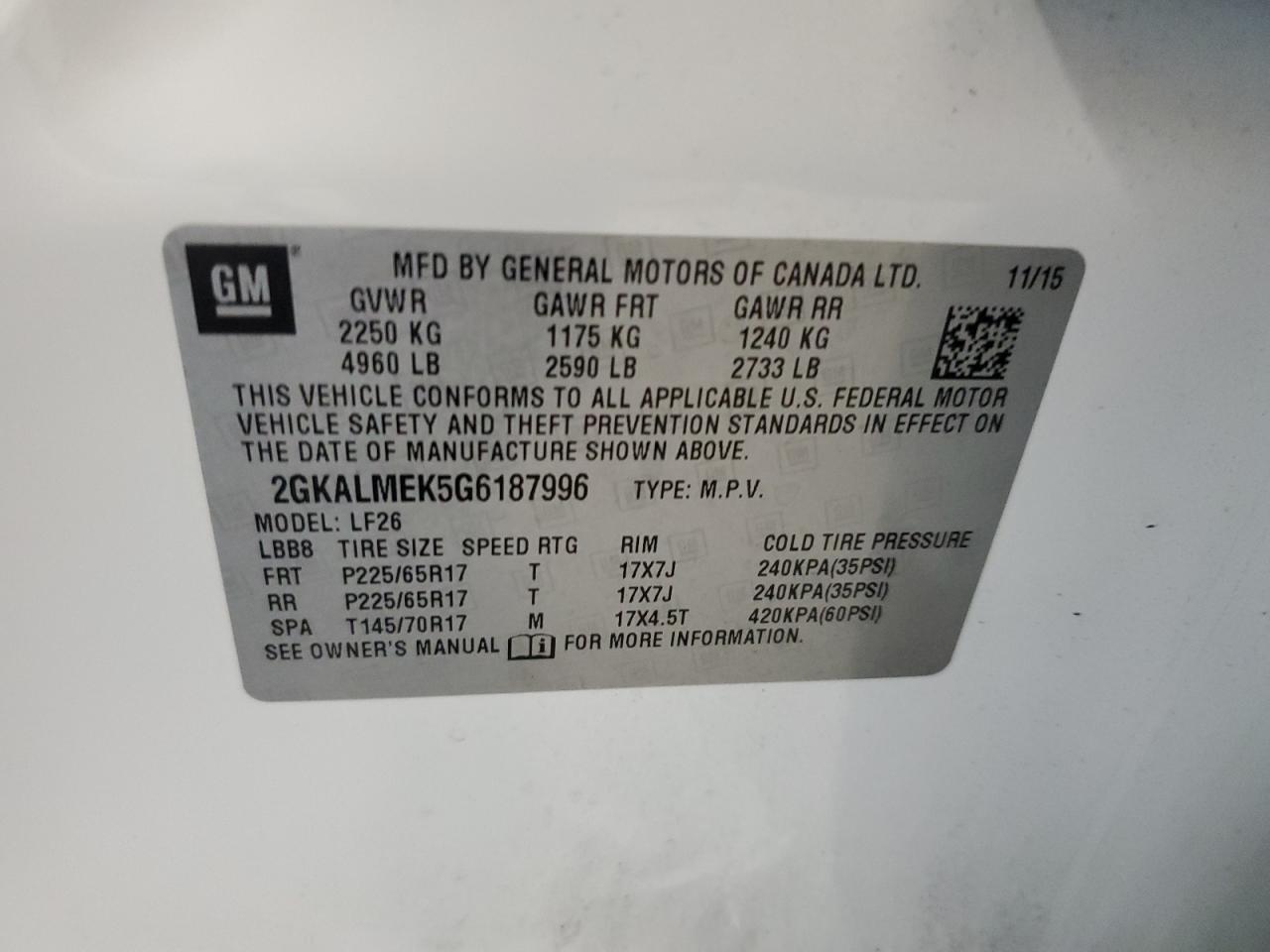 2016 GMC Terrain Sle VIN: 2GKALMEK5G6187996 Lot: 64294214