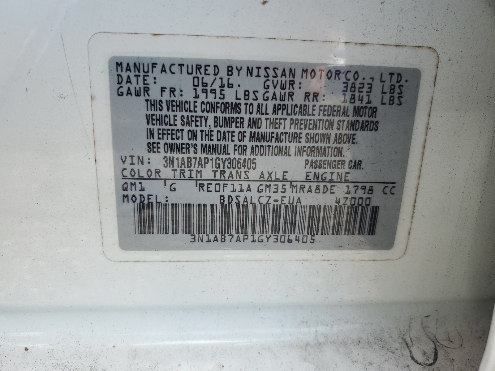 3N1AB7AP1GY306405 2016 Nissan Sentra S