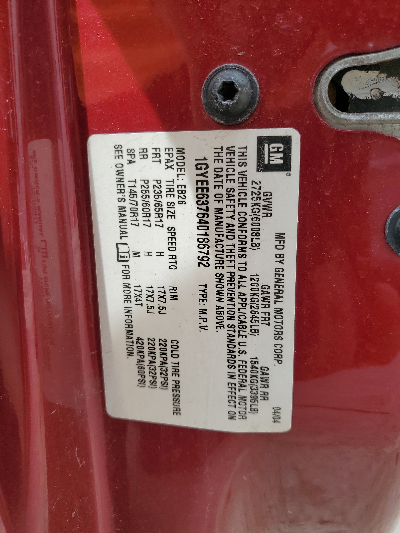 1GYEE637640186792 2004 Cadillac Srx