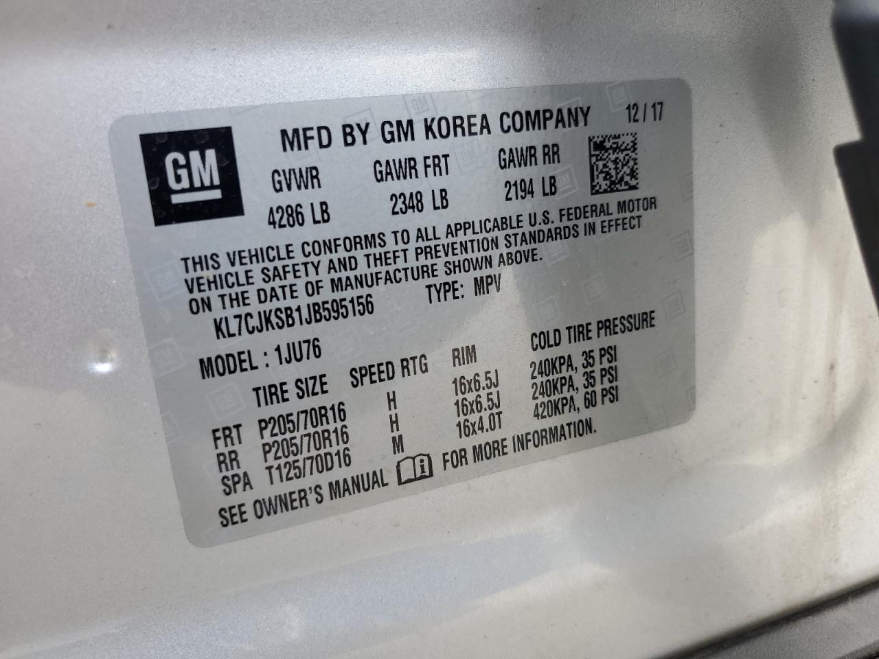 2018 Chevrolet Trax Ls VIN: KL7CJKSB1JB595156 Lot: 62113794