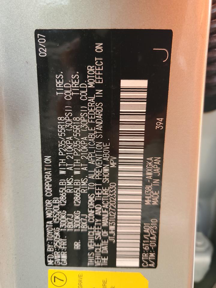 2007 Lexus Rx 400H VIN: JTJHW31U272023330 Lot: 62752044