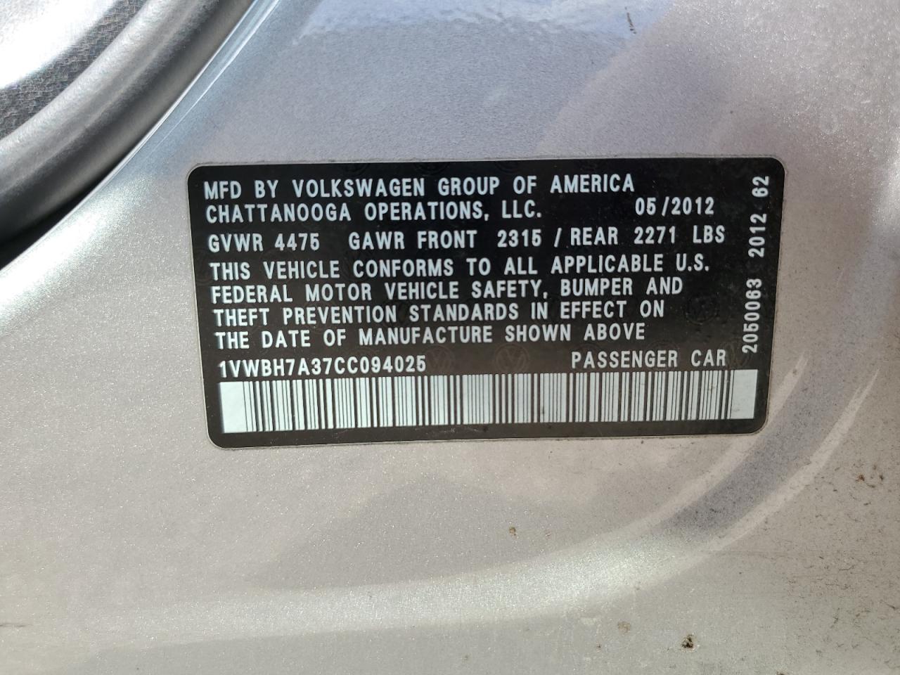 2012 Volkswagen Passat Se VIN: 1VWBH7A37CC094025 Lot: 61959554