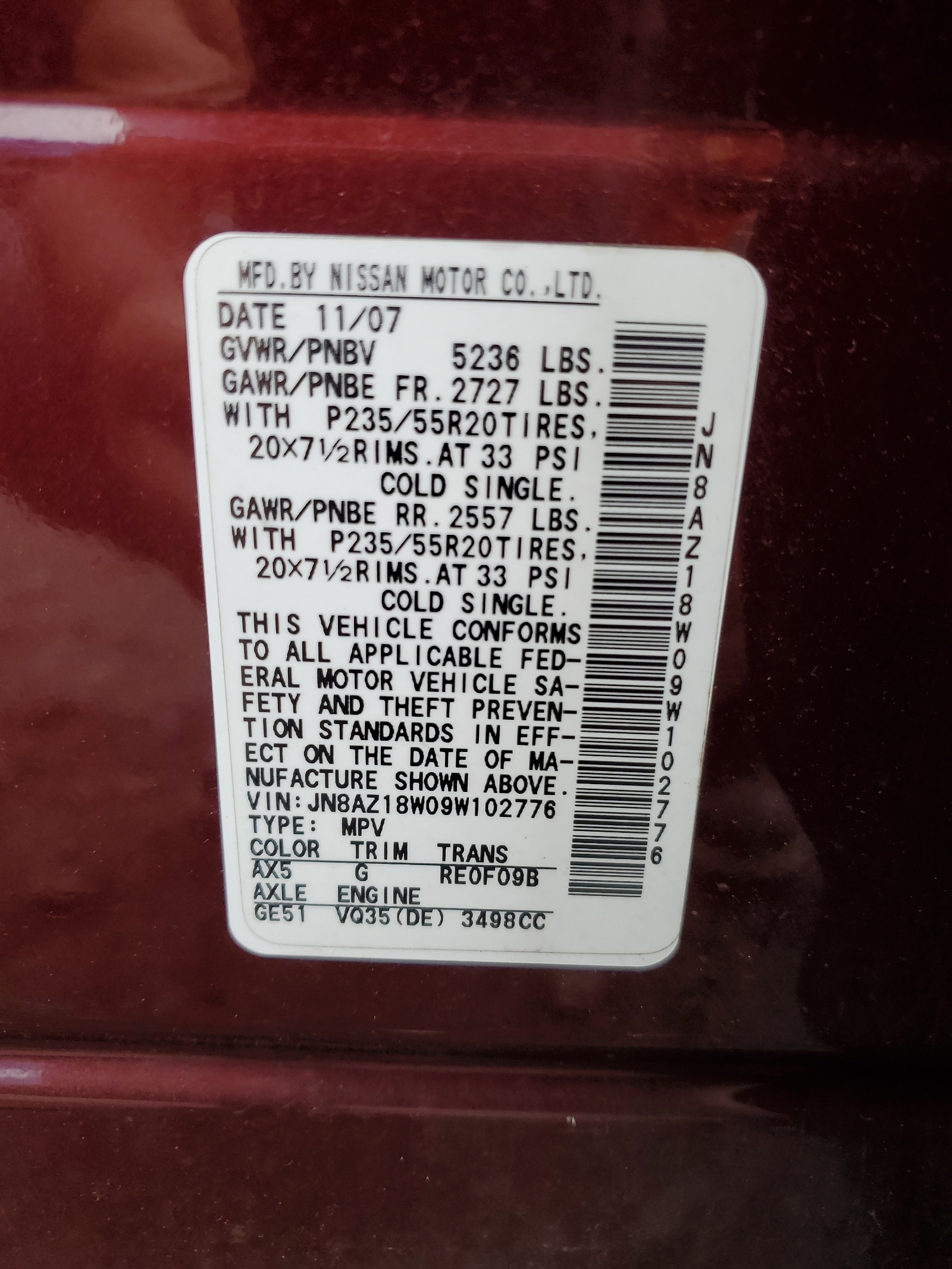 JN8AZ18W09W102776 2009 Nissan Murano S