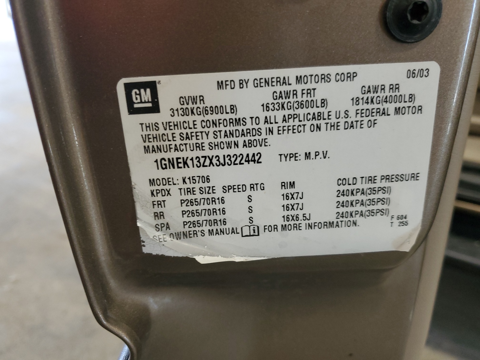 1GNEK13ZX3J322442 2003 Chevrolet Tahoe K1500