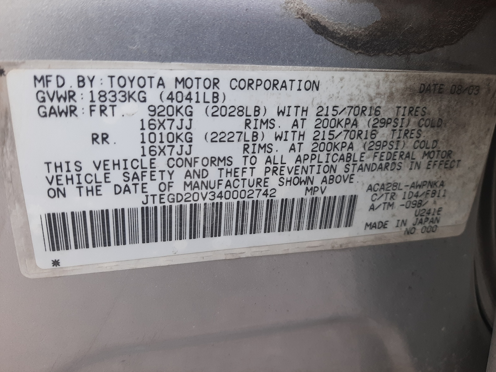 JTEGD20V340002742 2004 Toyota Rav4