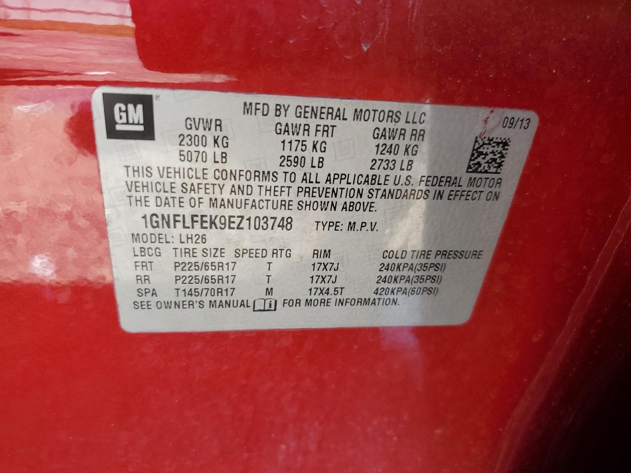 2014 Chevrolet Equinox Lt VIN: 1GNFLFEK9EZ103748 Lot: 58343894