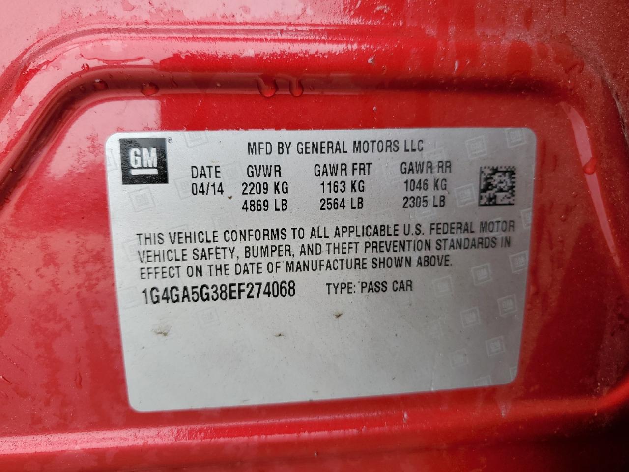 2014 Buick Lacrosse VIN: 1G4GA5G38EF274068 Lot: 64572124