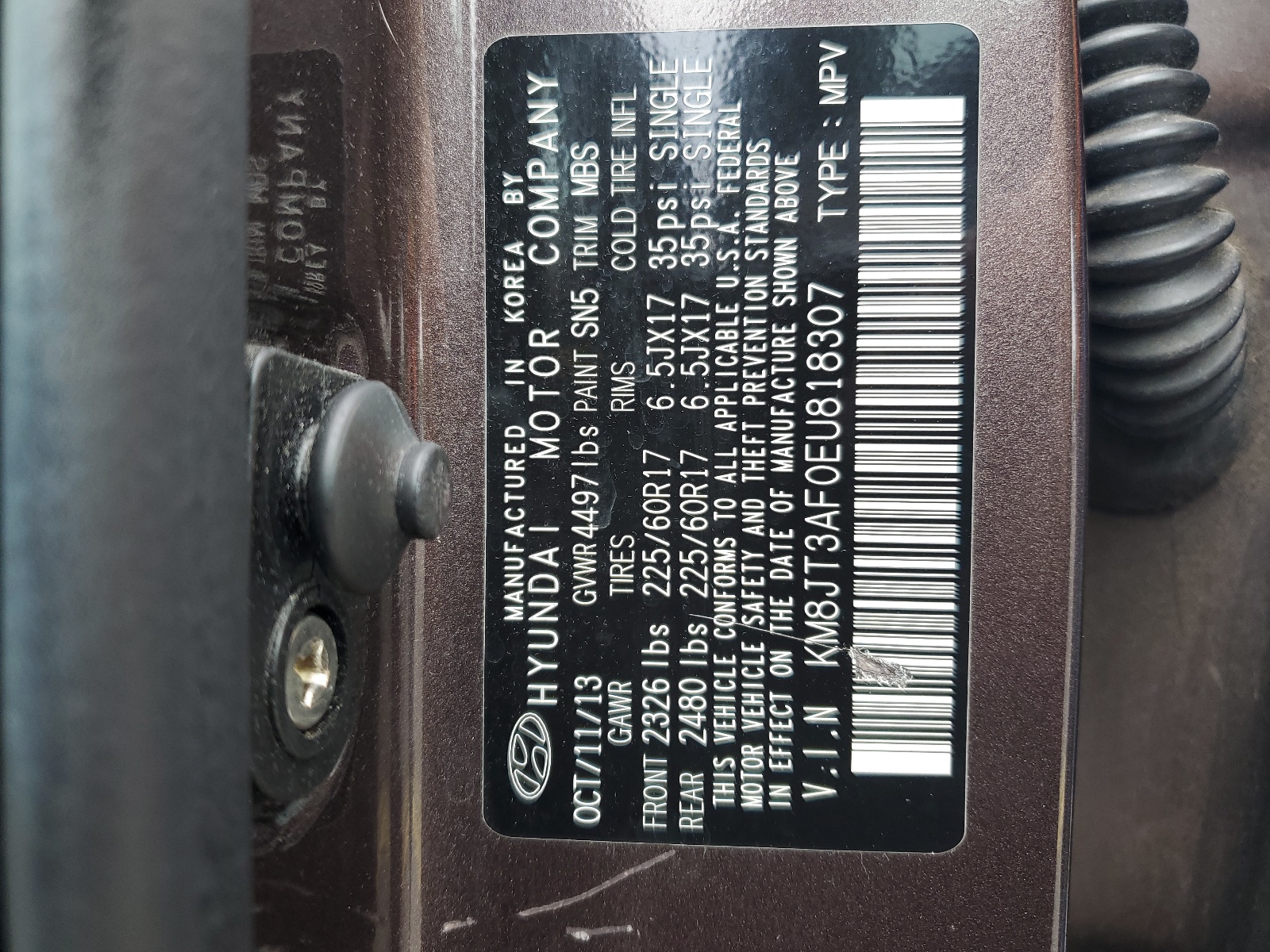 KM8JT3AF0EU818307 2014 Hyundai Tucson Gls