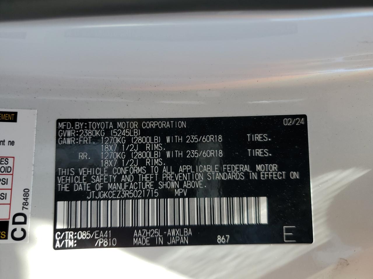 2024 Lexus Nx 350H Base VIN: JTJGKCEZ3R5021715 Lot: 62265154