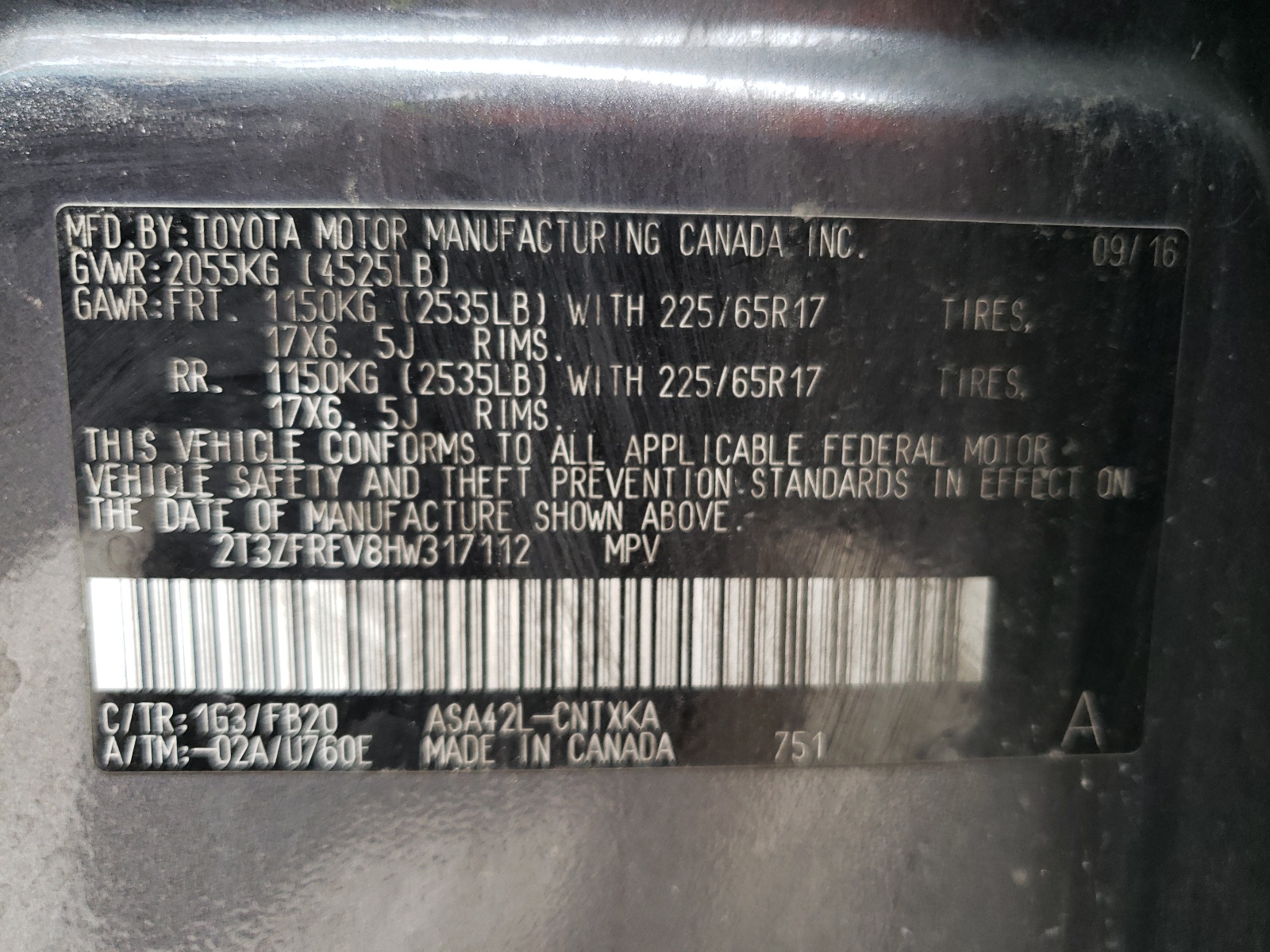 2T3ZFREV8HW317112 2017 Toyota Rav4 Le