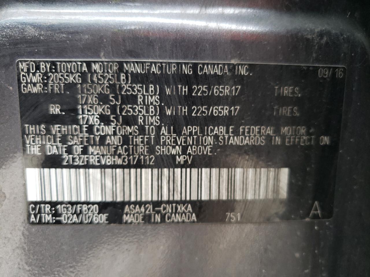 2017 Toyota Rav4 Le VIN: 2T3ZFREV8HW317112 Lot: 64154124