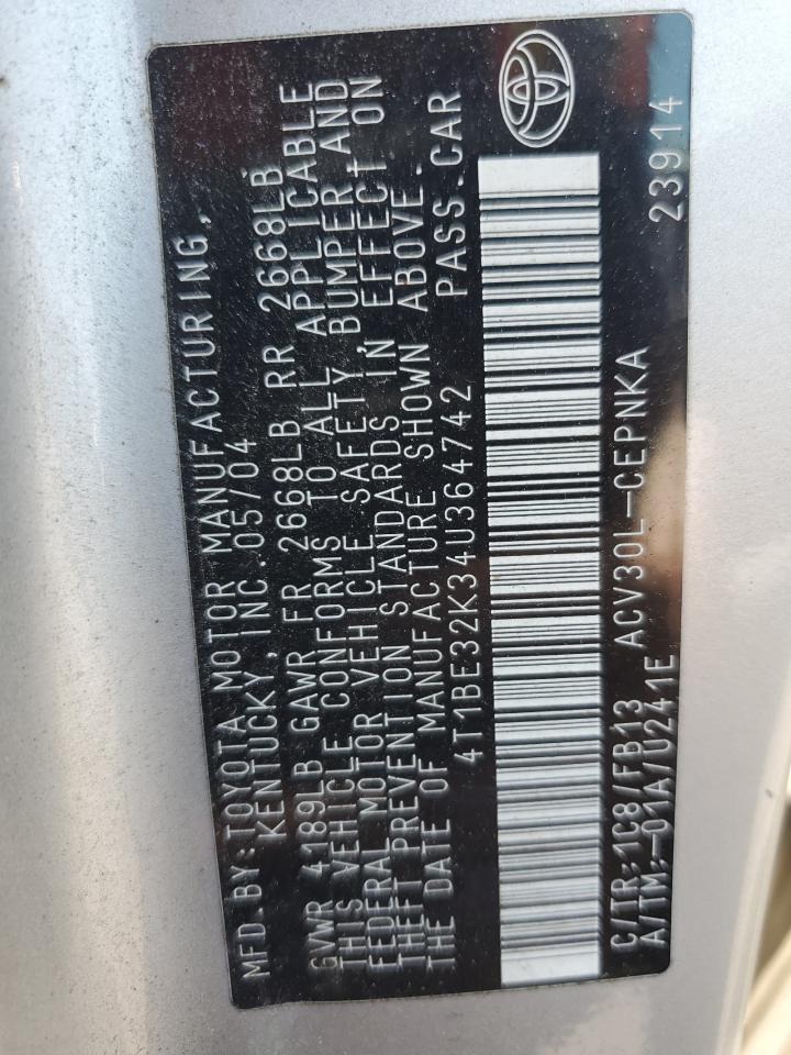 2004 Toyota Camry Le VIN: 4T1BE32K34U364742 Lot: 62099084