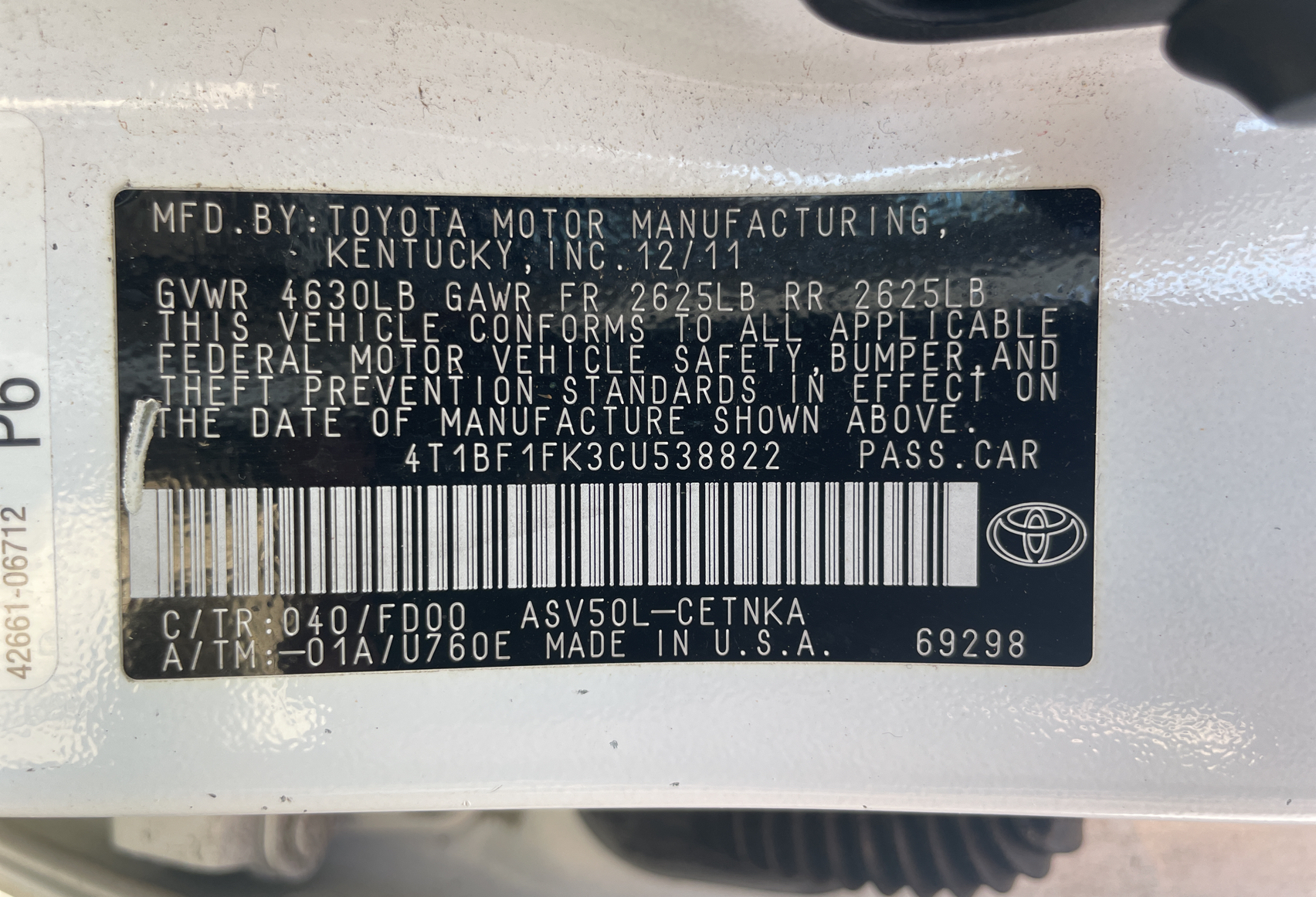 2012 Toyota Camry Base vin: 4T1BF1FK3CU538822