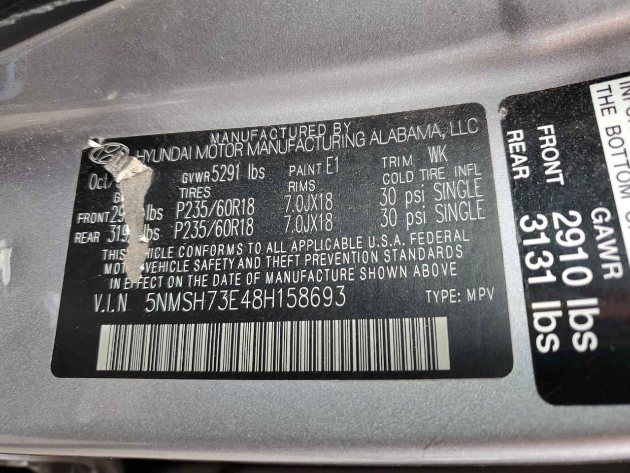 5NMSH73E48H158693 2008 Hyundai Santa Fe Se