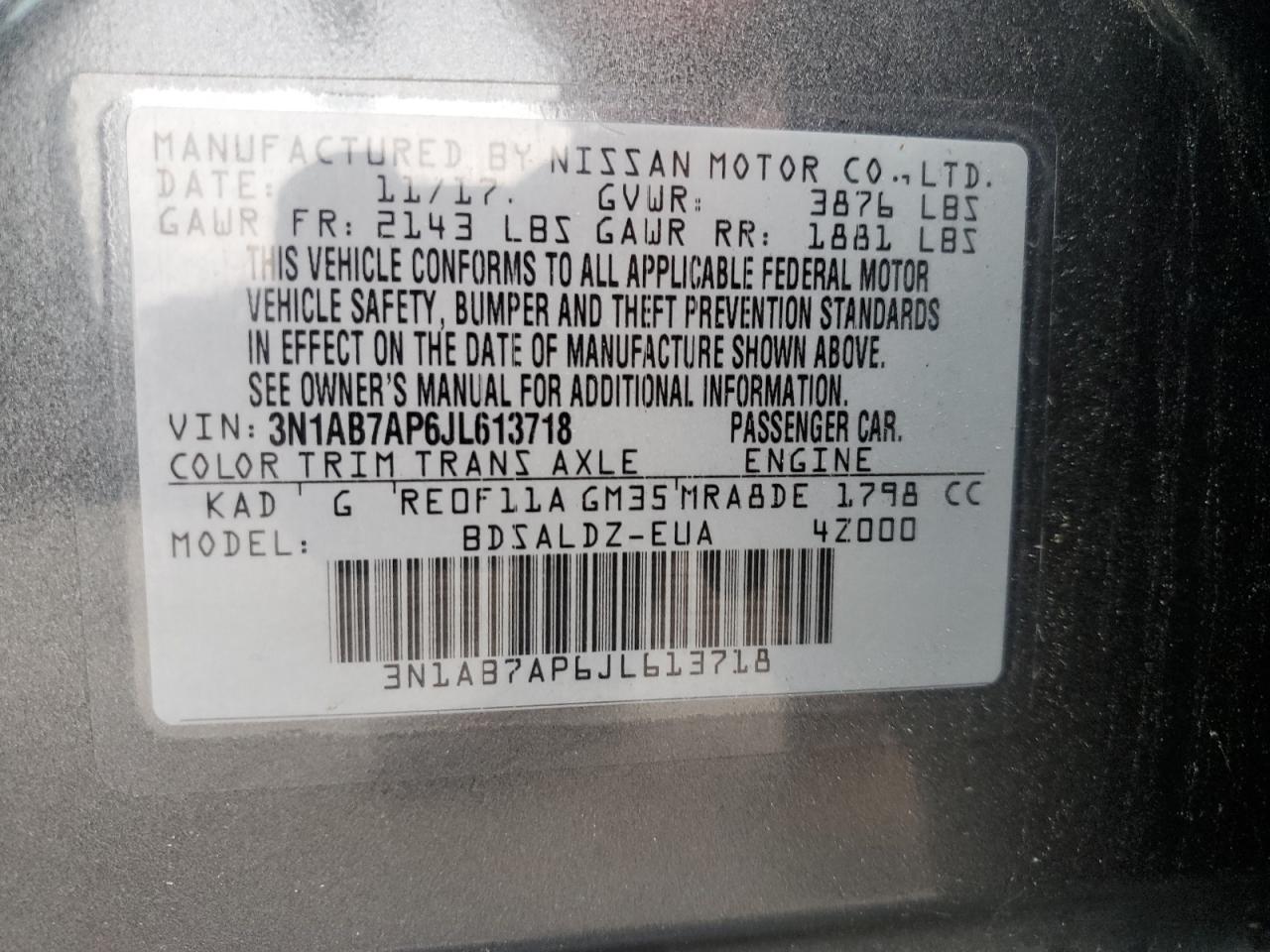 3N1AB7AP6JL613718 2018 Nissan Sentra S