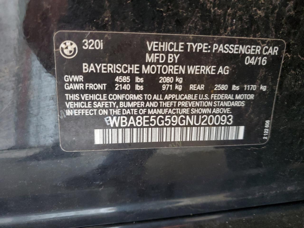 2016 BMW 320 Xi VIN: WBA8E5G59GNU20093 Lot: 61826344