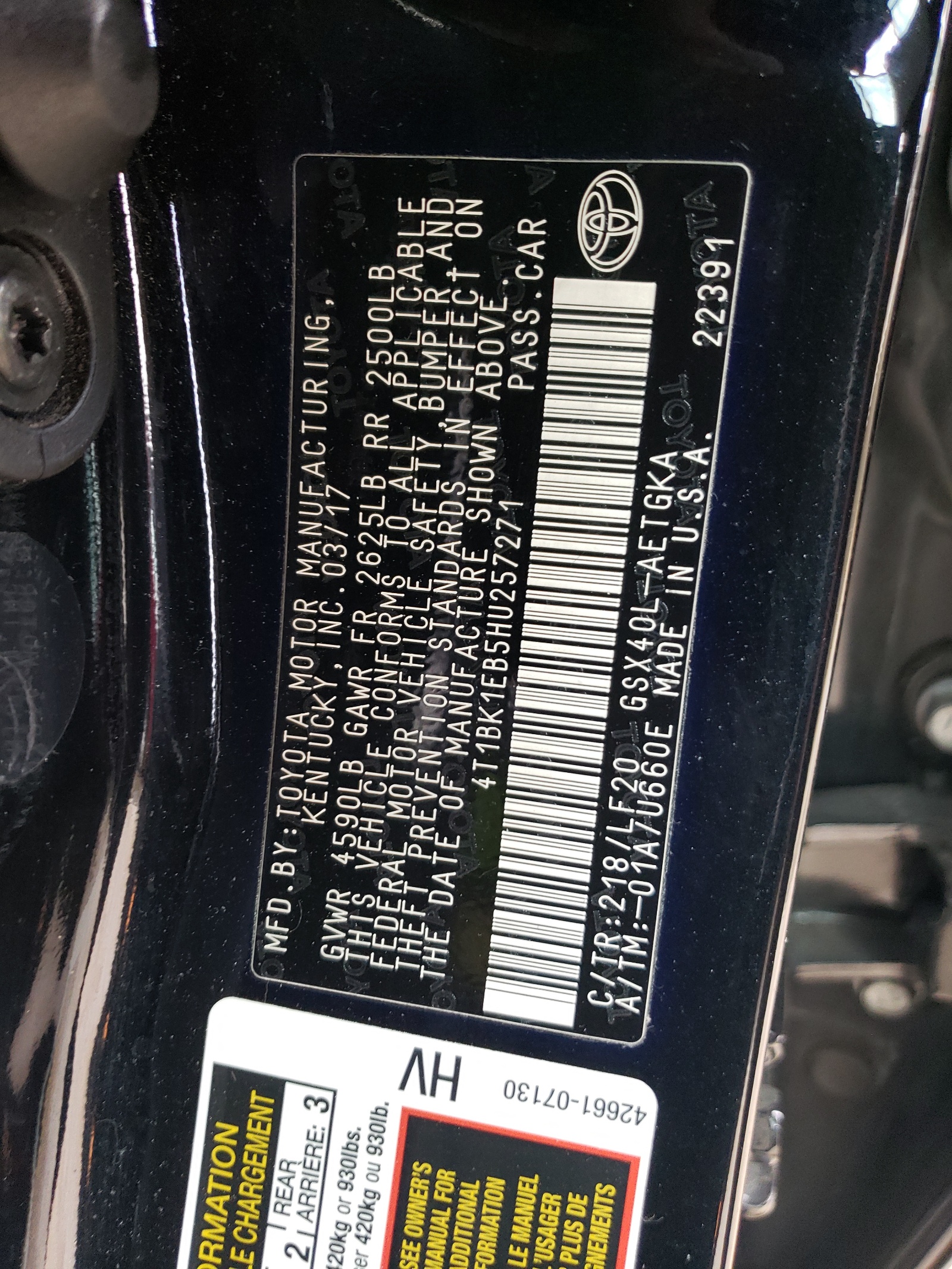 4T1BK1EB5HU257271 2017 Toyota Avalon Xle