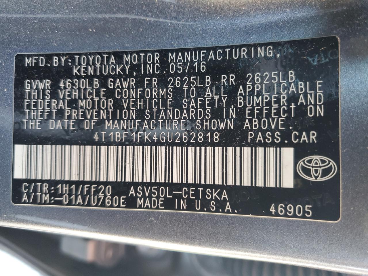 2016 Toyota Camry Le VIN: 4T1BF1FK4GU262818 Lot: 65417384