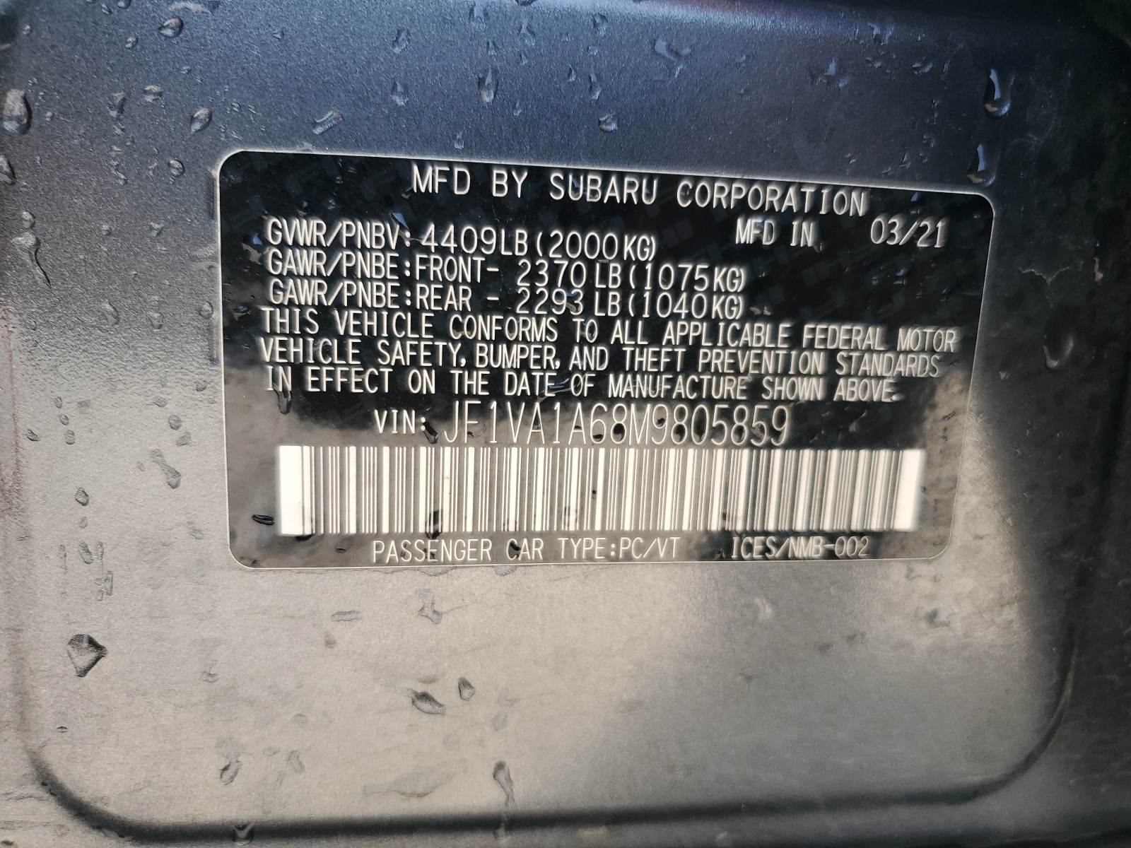 JF1VA1A68M9805859 2021 Subaru Wrx