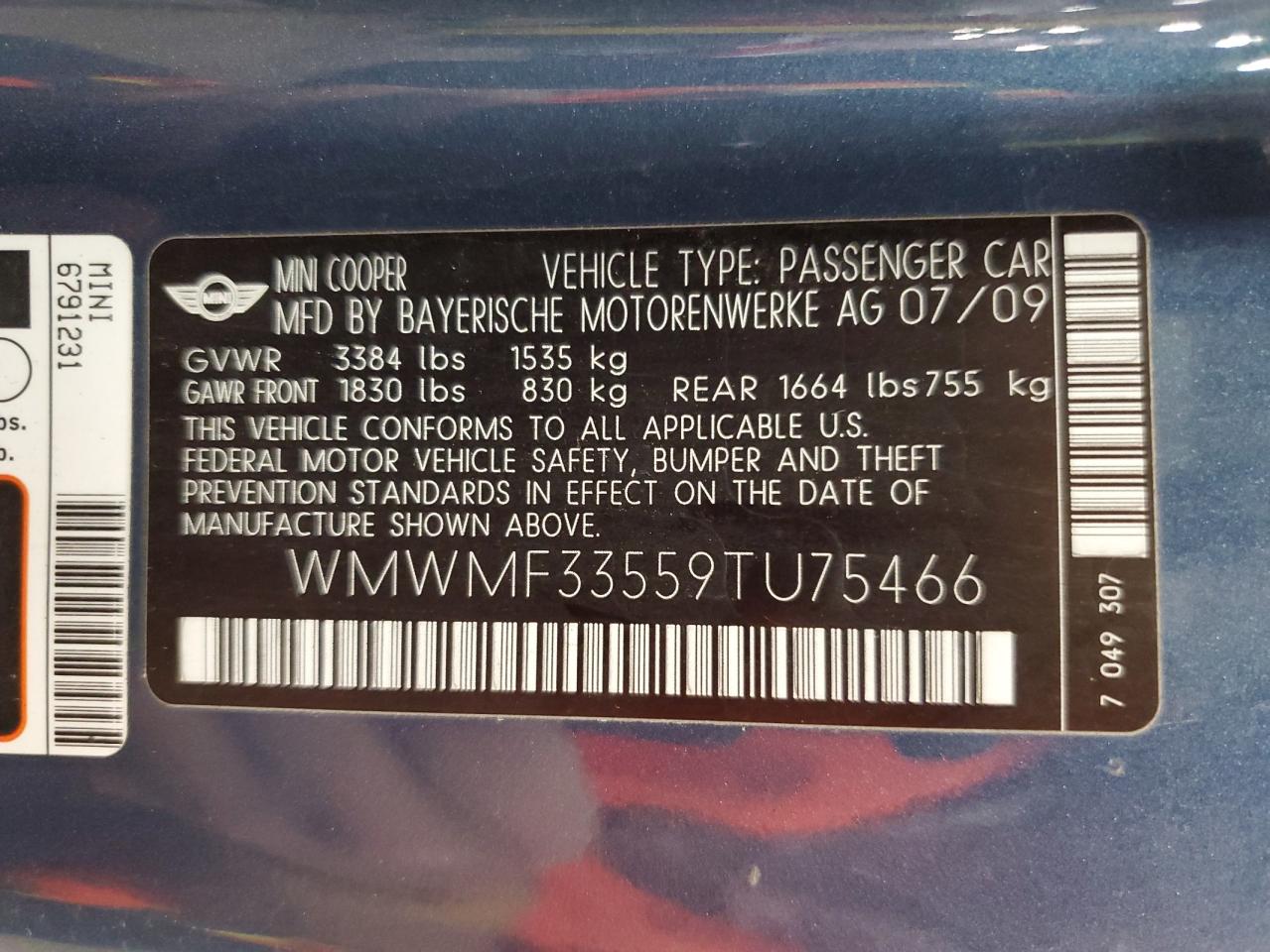 2009 Mini Cooper VIN: WMWMF33559TU75466 Lot: 64428414