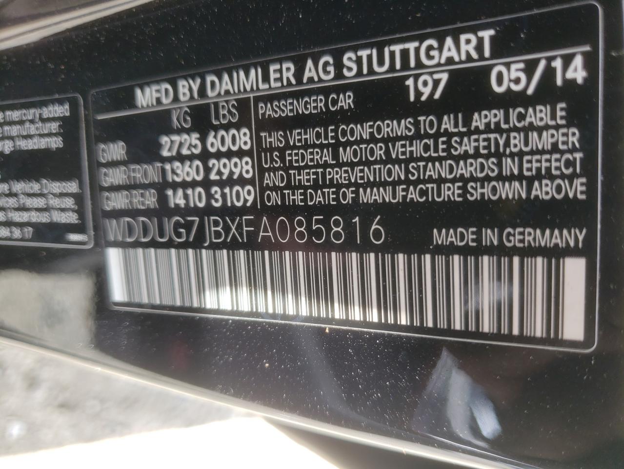 2015 Mercedes-Benz S 63 Amg VIN: WDDUG7JBXFA085816 Lot: 63810504