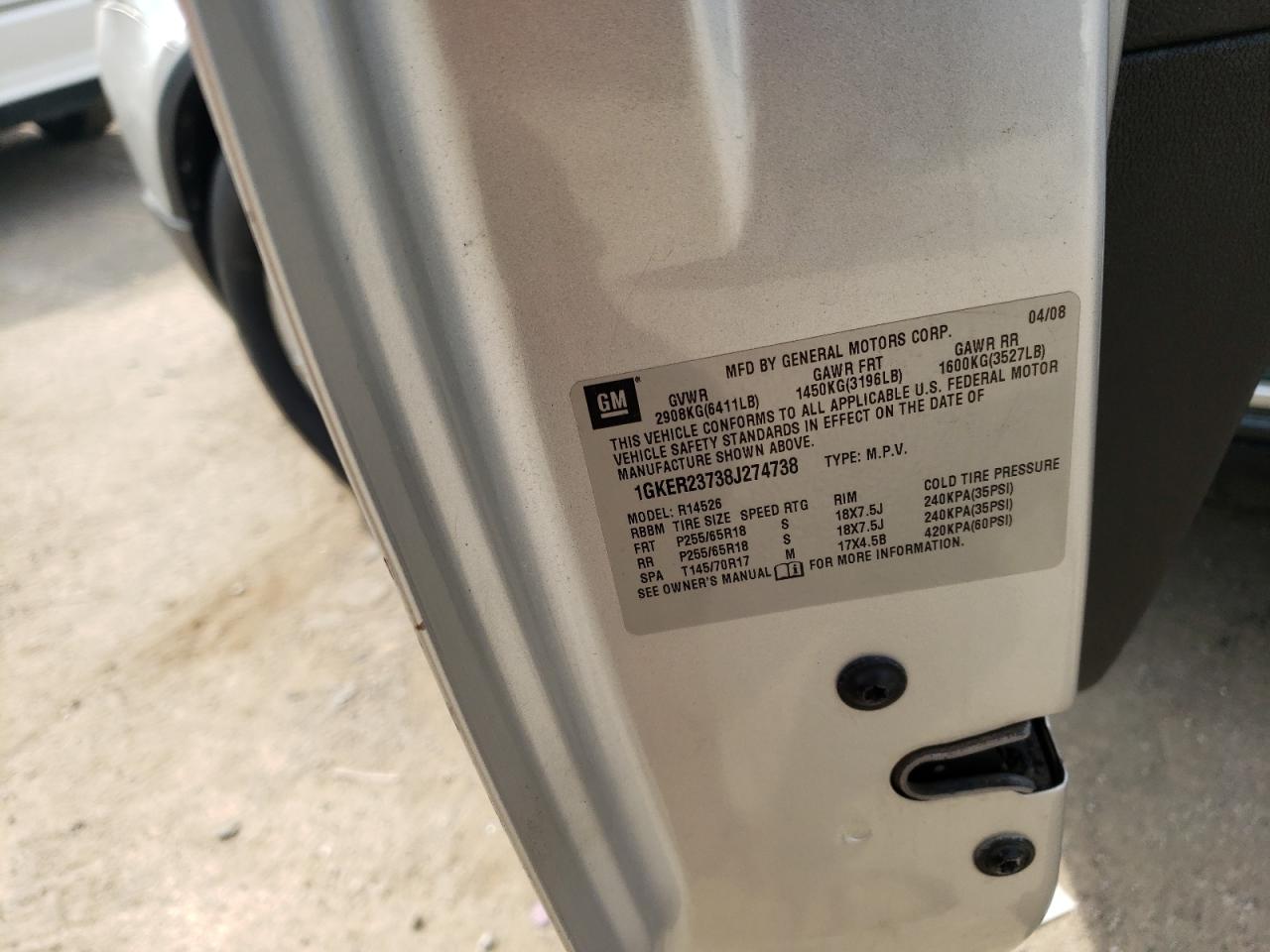 2008 GMC Acadia Slt-1 VIN: 1GKER23738J274738 Lot: 63835064