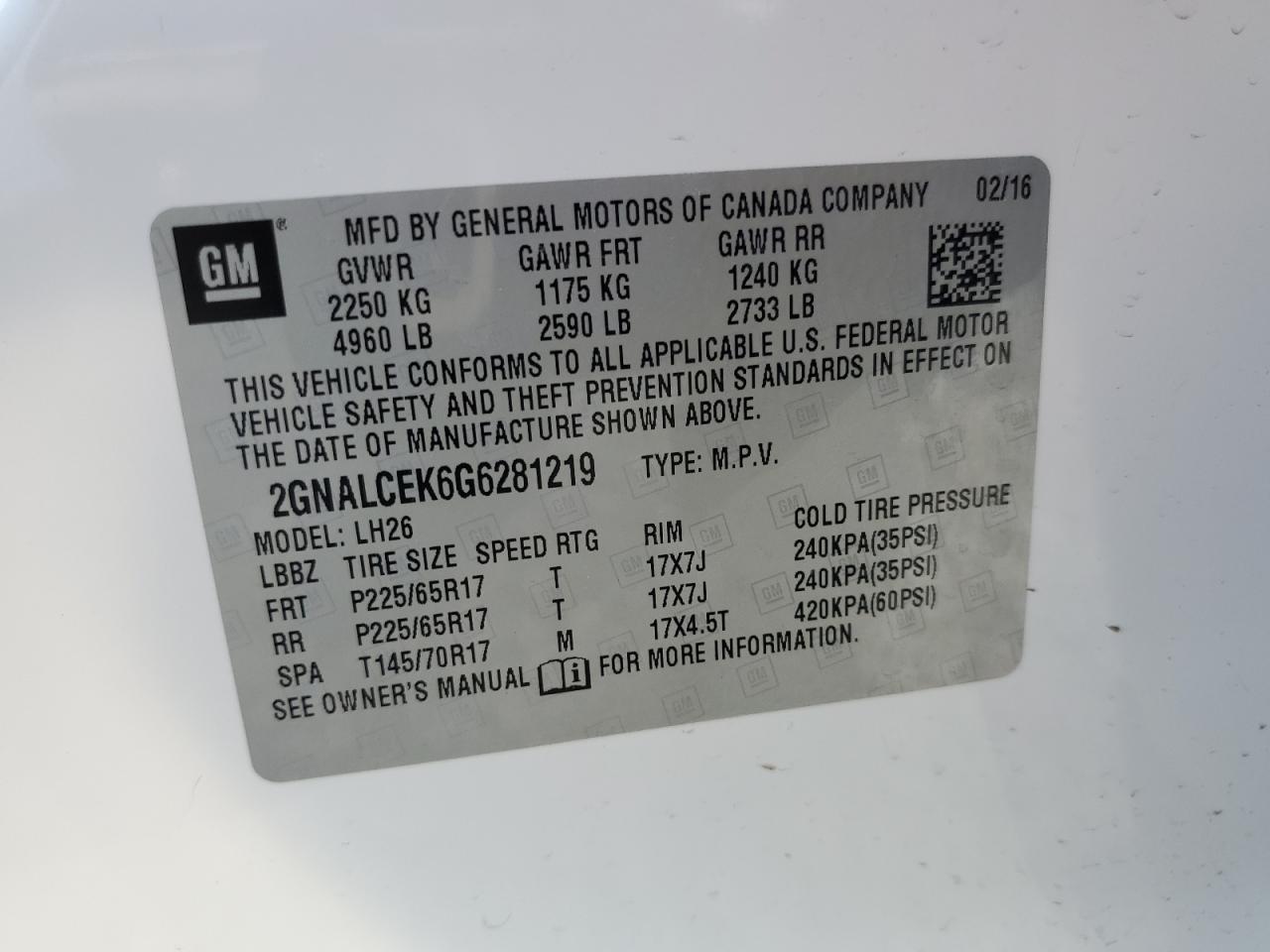 2GNALCEK6G6281219 2016 Chevrolet Equinox Lt