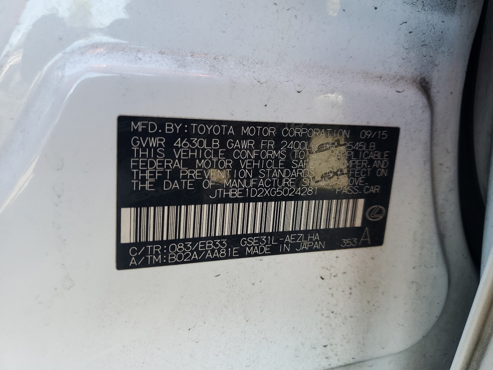 JTHBE1D2XG5024281 2016 Lexus Is 350