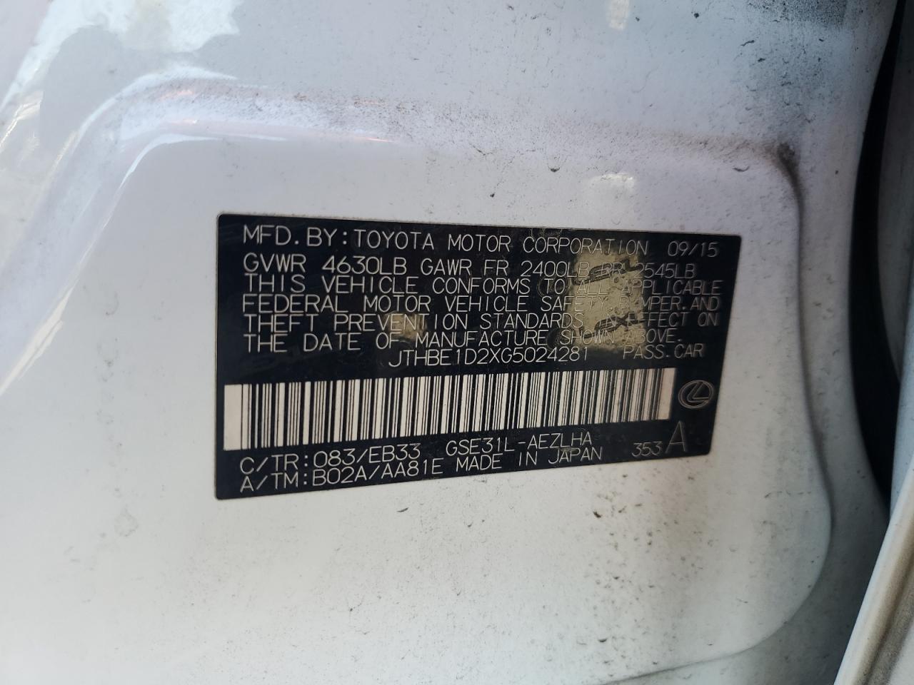 2016 Lexus Is 350 VIN: JTHBE1D2XG5024281 Lot: 62260414