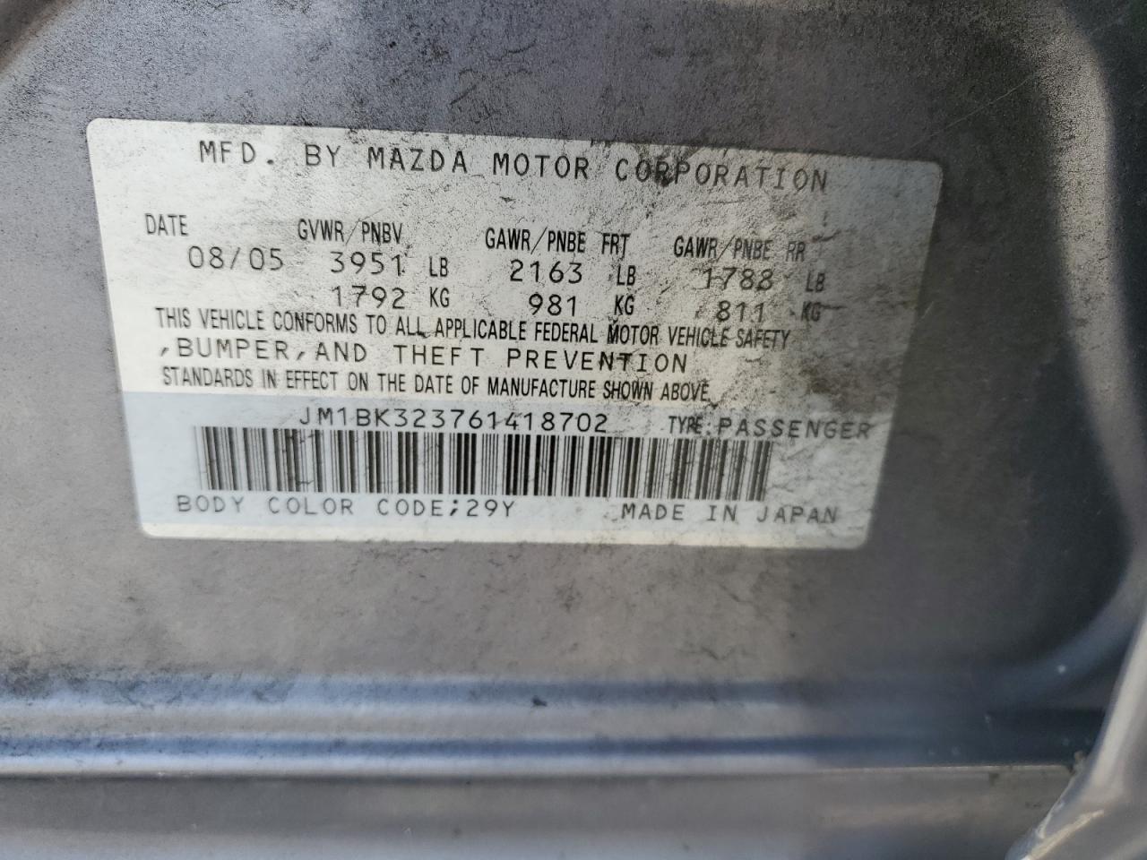 2006 Mazda 3 S VIN: JM1BK323761418702 Lot: 64114714