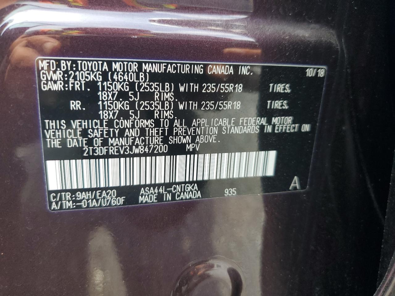 2018 Toyota Rav4 Limited VIN: 2T3DFREV3JW847200 Lot: 63599074