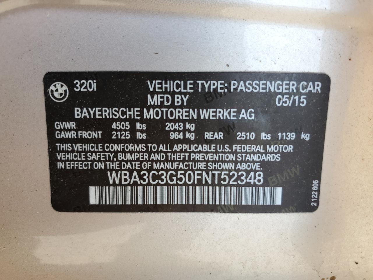 2015 BMW 320 I xDrive VIN: WBA3C3G50FNT52348 Lot: 63504474