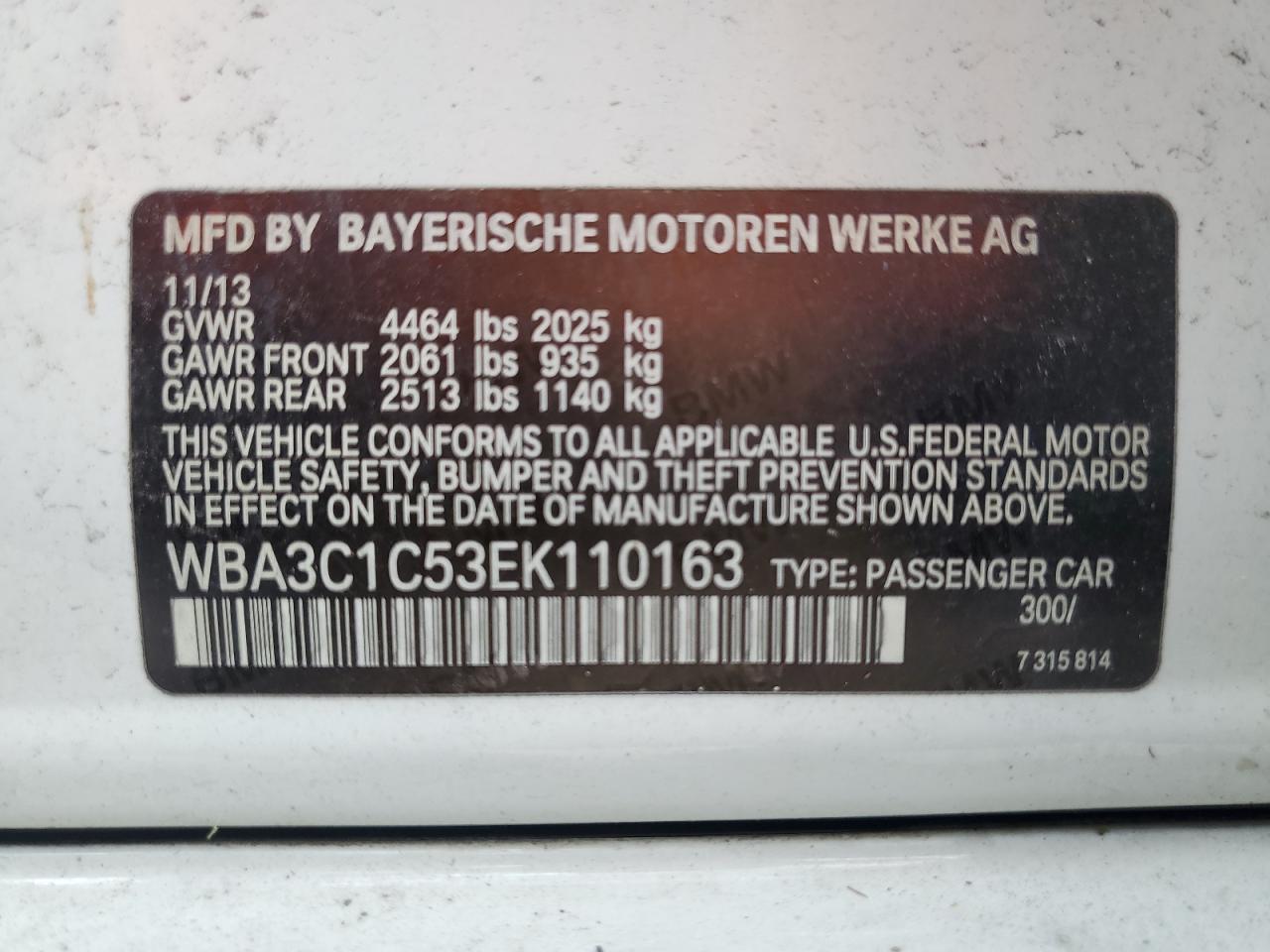 2014 BMW 328 I Sulev VIN: WBA3C1C53EK110163 Lot: 63113514