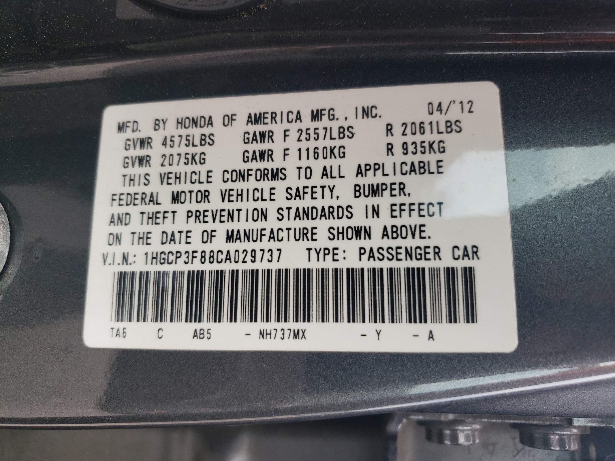 1HGCP3F88CA029737 2012 Honda Accord Exl