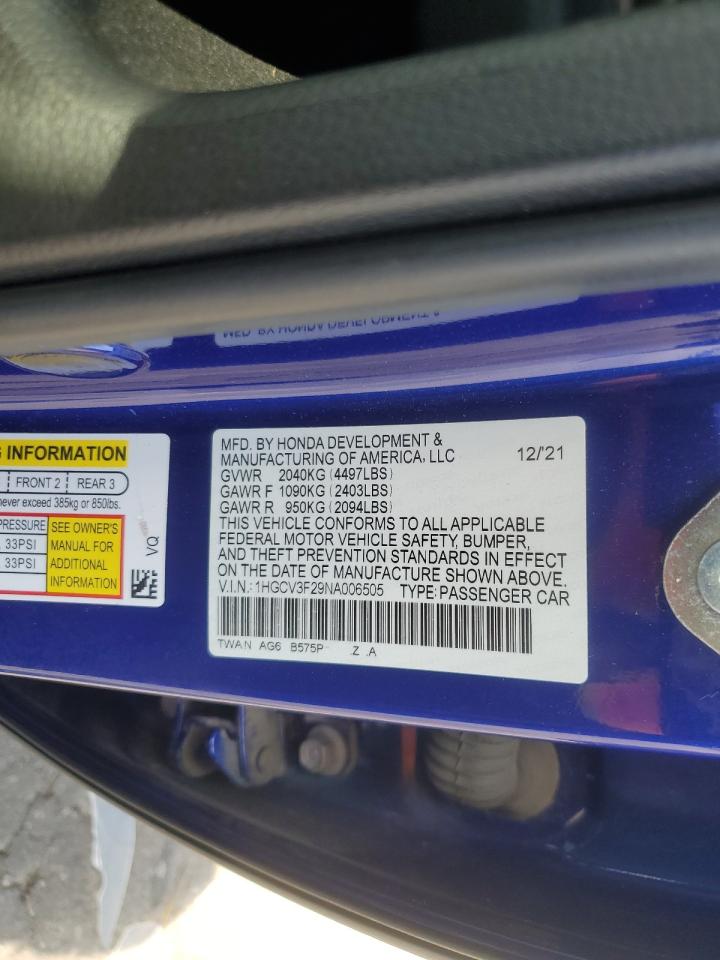 2022 Honda Accord Hybrid Sport VIN: 1HGCV3F29NA006505 Lot: 64468404